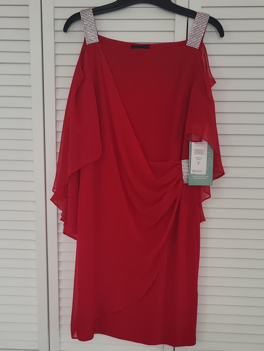 MSK Red Chiffon Draped Dress with Rhinestone Straps